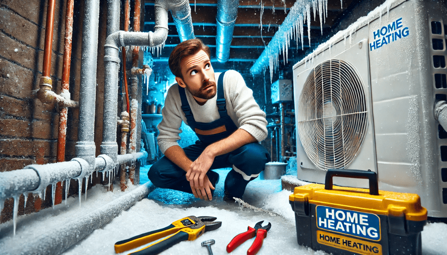 Home Heating and Air Conditioning technician inspecting frozen pipes near an HVAC system.